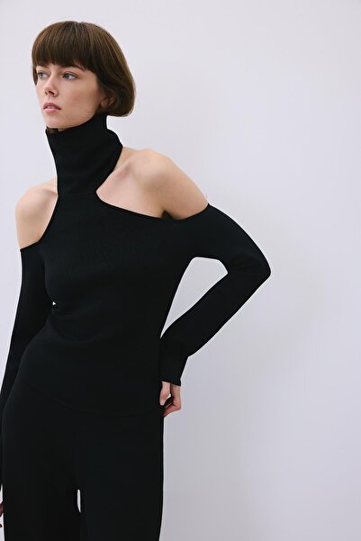 rue Off-The-Shoulder Turtleneck Black Knit Blouse
