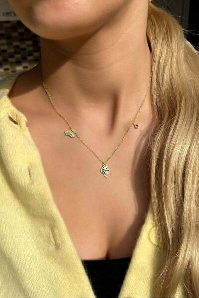 Spossy Silver Jewelry Gökkuşağı ve Unicorn At Kolye