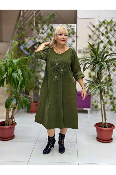 Punta Otantik Nc25130 Floral Patterned Italian Velvet Dress Khaki