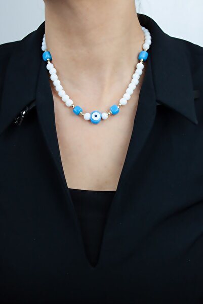 Liveyn Design قلادة من حجر العقيق الطبيعي وخرزة عين الشر باللون الذهبي