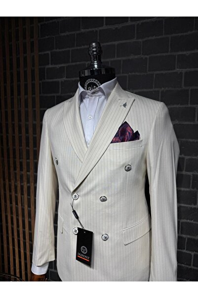 Dupont Slim Fit Çizgili Kruvaze Takım Elbise