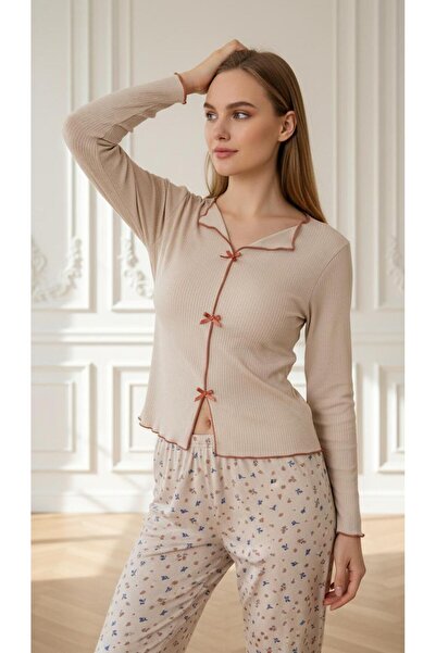 MİSS ELİZZA 9101-3 Bowknot Fitted Fabric Pajama Set