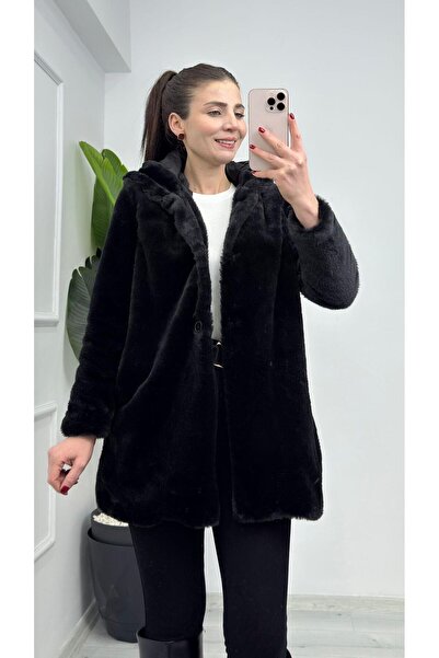 TUNAM BUTİK 2166 معطف طويل من الفرو الصناعي باللون الأسود