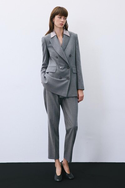 rue Double-Breasted Wool Textured Lined Gray Jacket