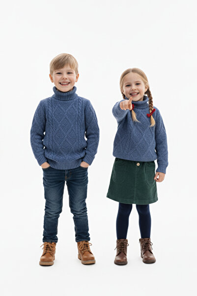 Pulltonic Kız/Erkek Çocuk Balıkçı Yaka Örgü Desenli Kazak | %30 Yün