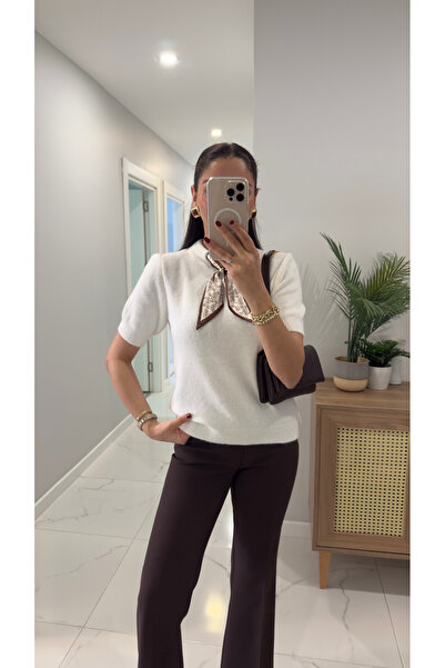 BİRCANÇİL Oryena Ecru Short Sleeve Scarf Knitwear