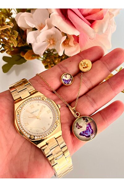Ferrucci Kare Kadran Çelik Zirkon Taşlı Kadın Kol Saati+%100 Çelik Kolye Küpe...