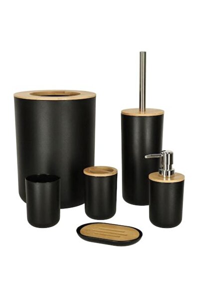 Luka Set accesorii baie, 6 piese, plastic/lemn, negru/maro