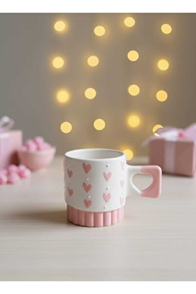 SeraCEY Heart Handle Pink Heart Relief Hand Embroidered Special Design Handmade Ceramic Mug