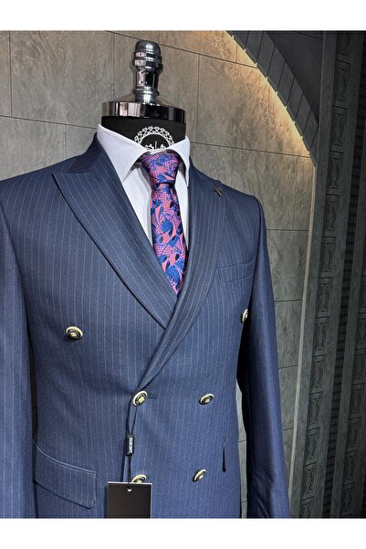 Dupont Slim Fit Çizgili Kruvaze Takım Elbise