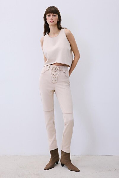 rue Suede Contrast Stitching Pack Crop Beige Blouse