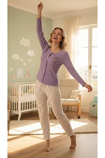 MİSS ELİZZA 9103-9 Buttoned Fitted Fabric Pajama Set Purple