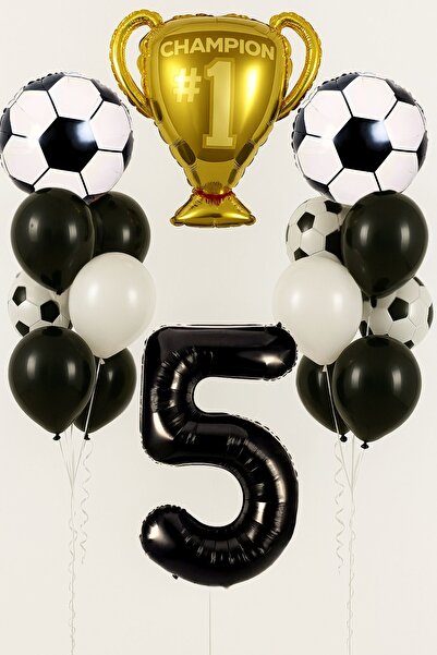 PARTİAVM 5 Year Old Black and White Football Themed Birthday Balloon Set Champion Football Player Concept