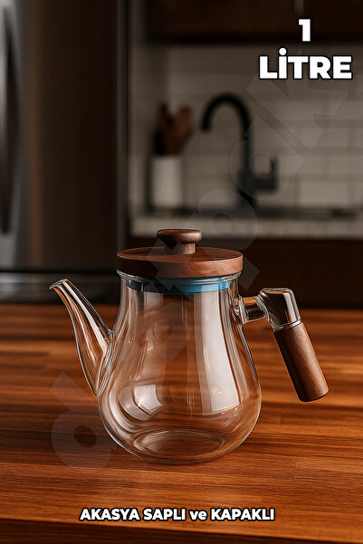Destpak Akasya Kapaklı ve Saplı Yuvarlak Cam Demlik - Isıya Dayanıklı - Cam D...