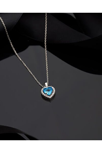 Erdobia 925 Ayar Akuamarin Taşlı Rodyum Pırlanta Görünümlü Kalp Gümüş Kolye
