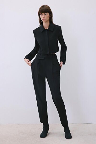 rue Pleated Wool Textured High Waist Black Trousers