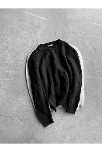 ablukaonline Men's Oversized Patterned Knitwear Sweater Black