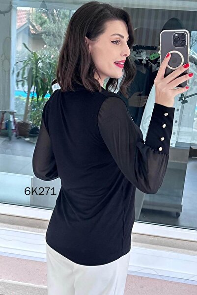 İnce Topuk Chiffon Sleeves Button Detail Strawberry Blouse 6K271