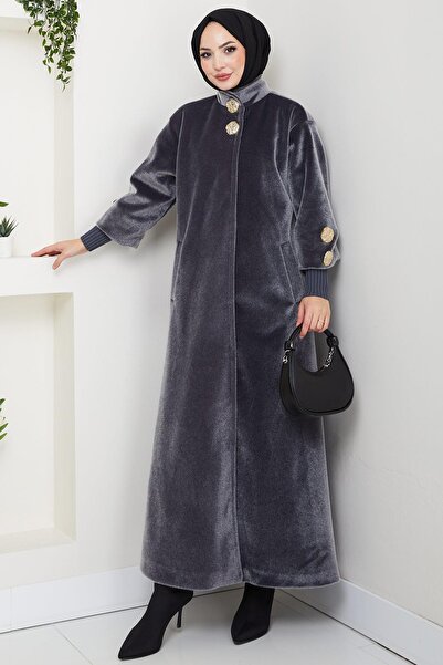 hafsamina Gold Buttoned Full Length Coat Smoked Hm2864