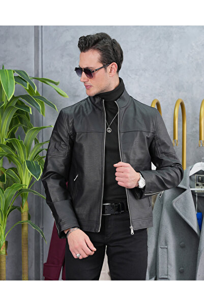 MODEFENDİ سترة جلدية للرجال ذات ياقة هاكيوم سوداء اللون من الدرجة الأولى مع ت...