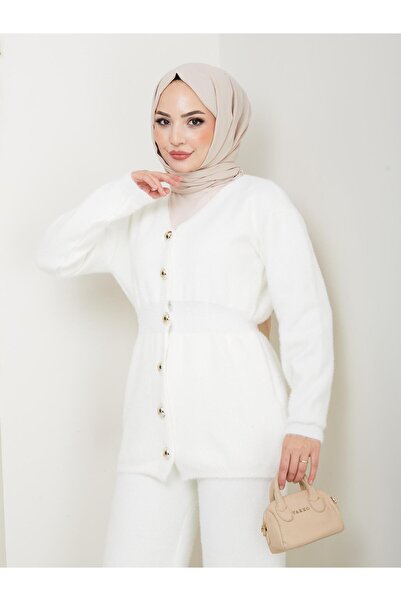 nacar çarşı Cardigan de damă din tricotaj angora, cu nasturi și talie strânsă