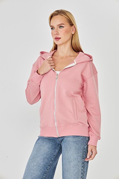 TRENDHİLL Women's Full Zip Hooded Cotton Tracksuit Top Pink 9508-P