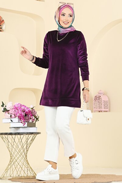 ModaMerve Sırttan Düğmeli Kadife Tunik ASM2833-MS Mürdüm