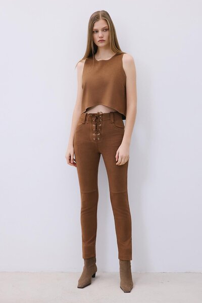 rue Ornamental Stitched Suede Narrow Leg Brown Trousers