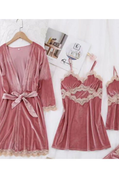 Inovius Дамски комплект пижама от 4 части, розов кадифе - MEI22, размер M