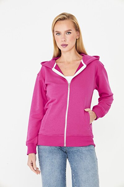 TRENDHİLL Women's Full Zip Hooded Cotton Tracksuit Top Fuchsia 9508-F