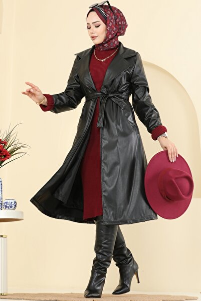 ModaMerve Kruvaze Yaka Deri Kap 21179MPR1163-MS Siyah