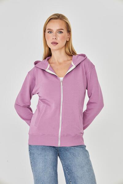 TRENDHİLL Women's Full Zip Hooded Cotton Tracksuit Top Lilac 9508-L