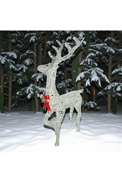 Sofia Store Figurina Ren Argintiu cu Sclipici și Fundă Roșie, Ornament Festiv...