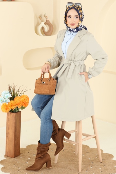 ModaMerve Manşeti Lastik Detaylı Trençkot 21195MPR1163-MS Taş