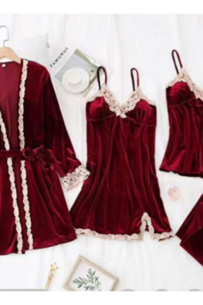 Inovius Set Pijama De Dama 4 Piese Visiniu Din Catifea- MEI21 Marimea XL