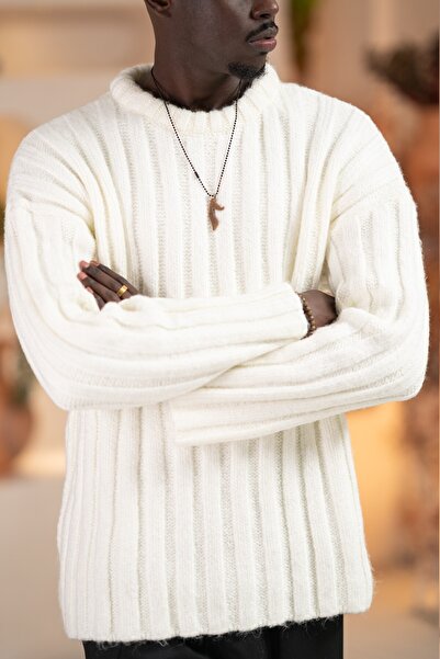 AKÇAYLAR Oversized Self-Striped Cotton Thick Knitwear Sports Sweater