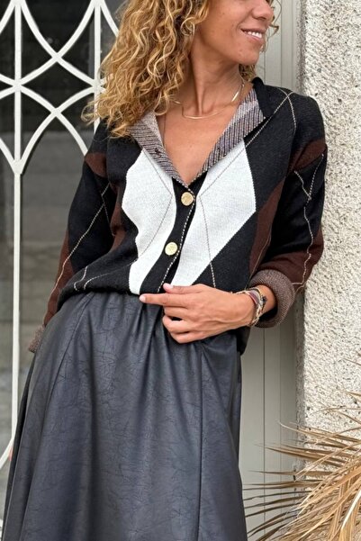 Güneşkızı Cardigan tricotat din amestec de lână cu nasturi cu model Baklava negru 55 45