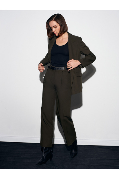 Dilvin 72171 Kemerli Pileli Kumaş Pantolon-Haki