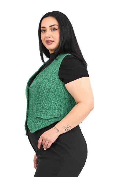 DISENTIS MODEST Plus Size Button Closure Pocket Flap Lined Short Boucle Green Vest