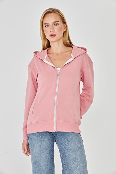 TRENDHİLL Women's Full Zip Hooded Cotton Tracksuit Top Pink 9508-P