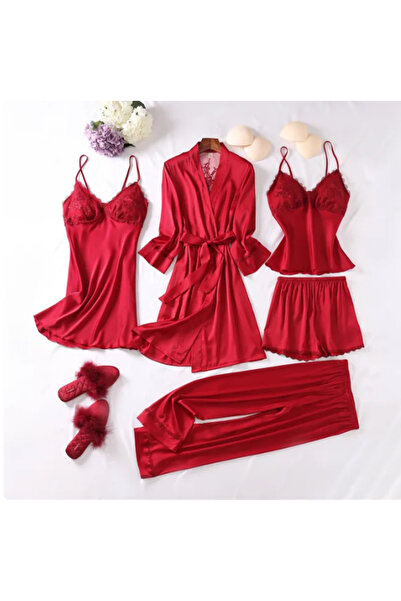 Inovius Set Pijama De Dama 5 Piese Din Satin, Rosu-ANI112 Marimea 2XL