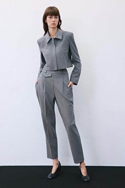 rue Pleated Wool Textured High Waist Gray Trousers