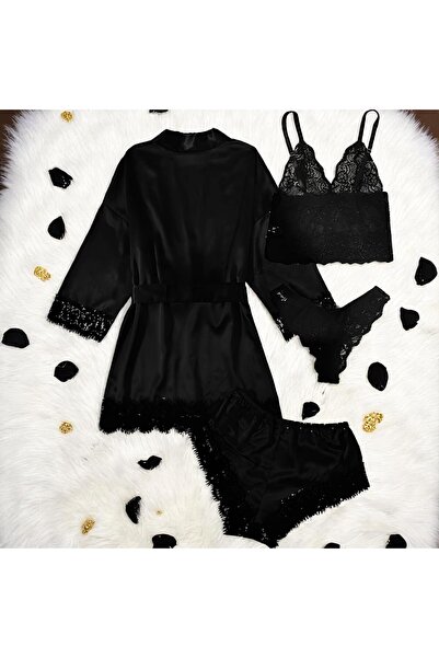 Inovius Γυναικείο σετ πιτζάμας 4 τεμαχίων από σατέν, μαύρο χρώμα-ANI121 Μέγεθ...