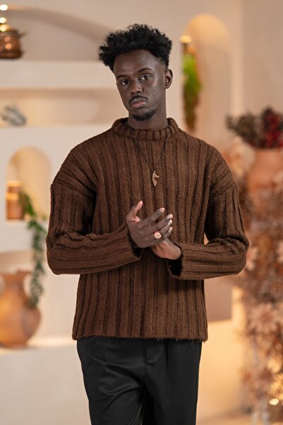 AKÇAYLAR Oversized Self-Striped Cotton Thick Knitwear Sports Sweater