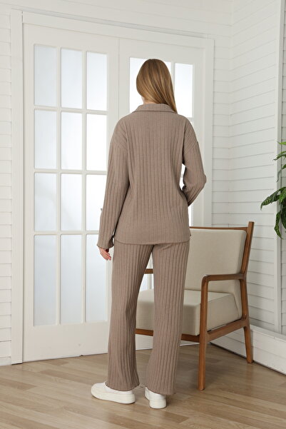 Miss Dünya Lissa Knitwear Textured Adjustable Waist Detailed V-Neck Long Sleeve Comfortable Fit Maternity and Postpartum Tracksuit Set