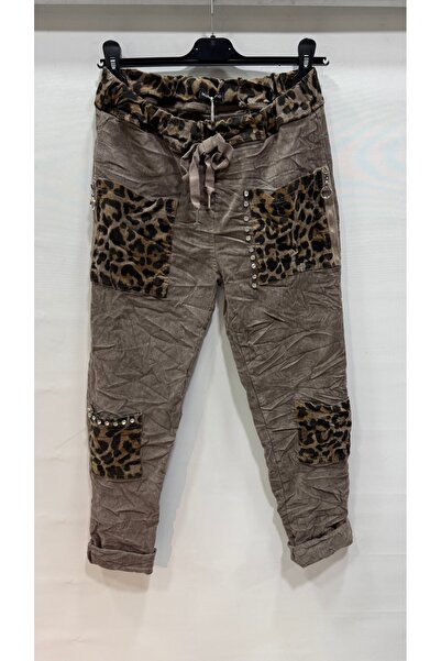 della moor Women's Mink Italian Velvet Pockets Leopard Patterned Stone L Stretch Fabric Trousers