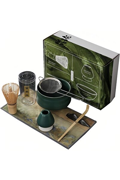 COOYA 7 PCS Matcha Tea Set,Made of Food-grade Ceramic Material & Bamboo,for Matcha Tea Lovers,Dark Green
