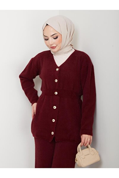 nacar çarşı Women's Gathered Waist Angora Buttoned Knit Cardigan