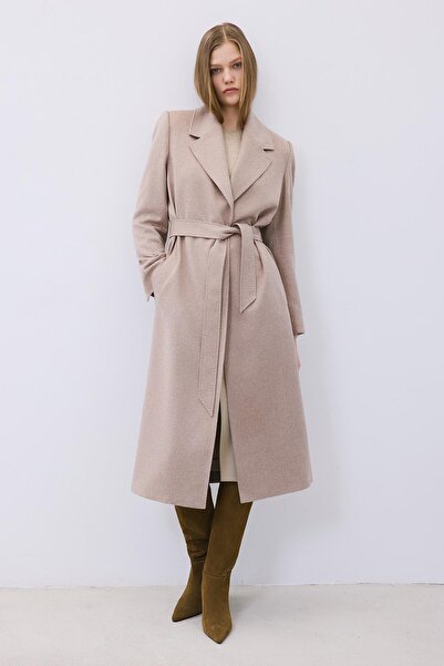 rue Cashmere Midi Beige Coat with Stitching Detail