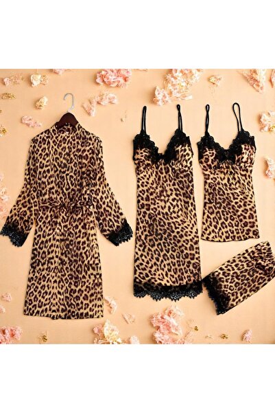 Inovius Set Pijama de Dama 4 Piese din Satin, Culoare Animal Print-ANI110 Mar...